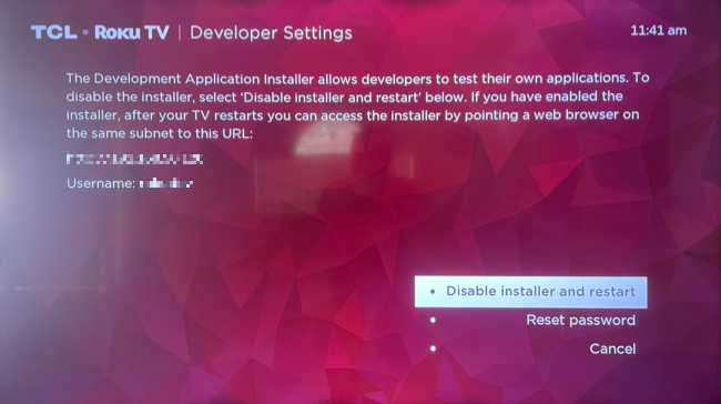 Меню настроек разработчика Roku