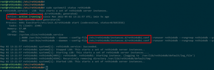 Запущенный сервис rethinkdb