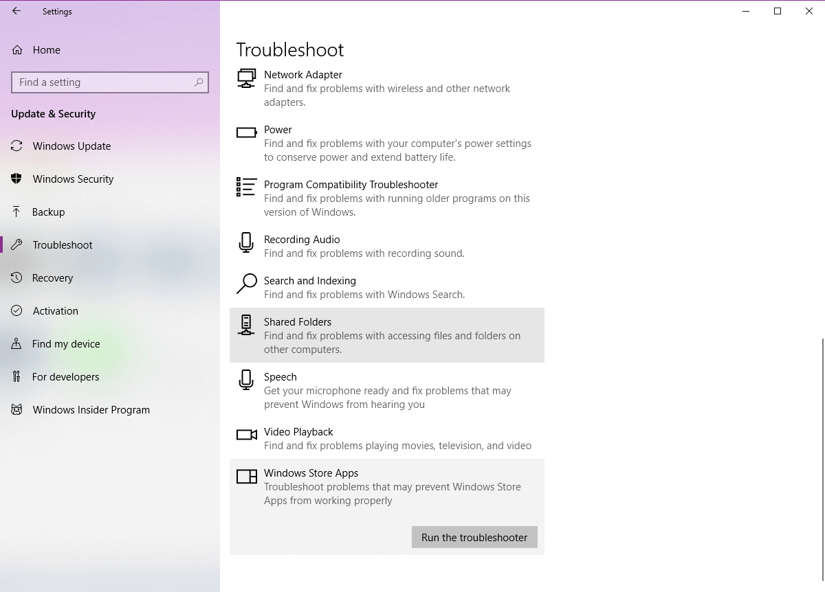 Средство устранения неполадок приложений Магазина Windows