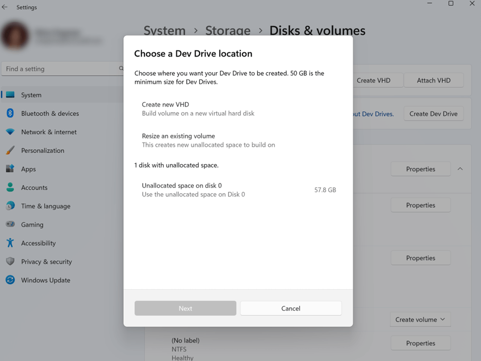 Мастер создания Dev Drive: подтверждение параметров