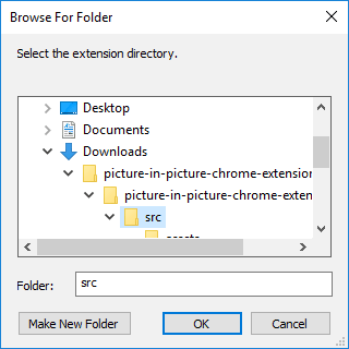 Диалог загрузки распакованного расширения — выбор папки src