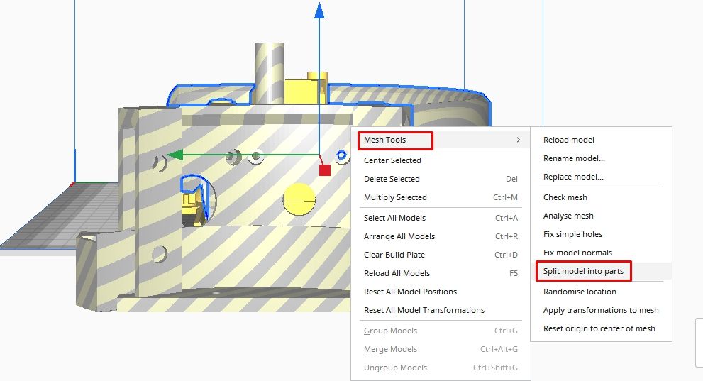 An option to split an object into different parts in Cura