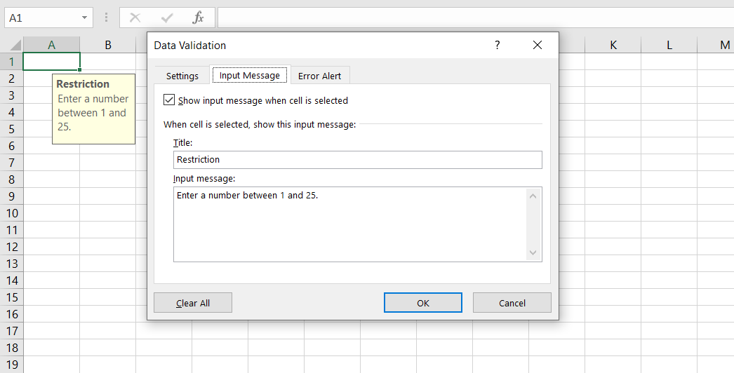 Пример ввода сообщения при выборе ячейки