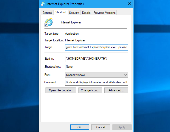 Пример добавленного параметра -private в ярлык Internet Explorer