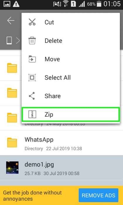 Скриншот: упаковка изображений в ZIP в File Commander
