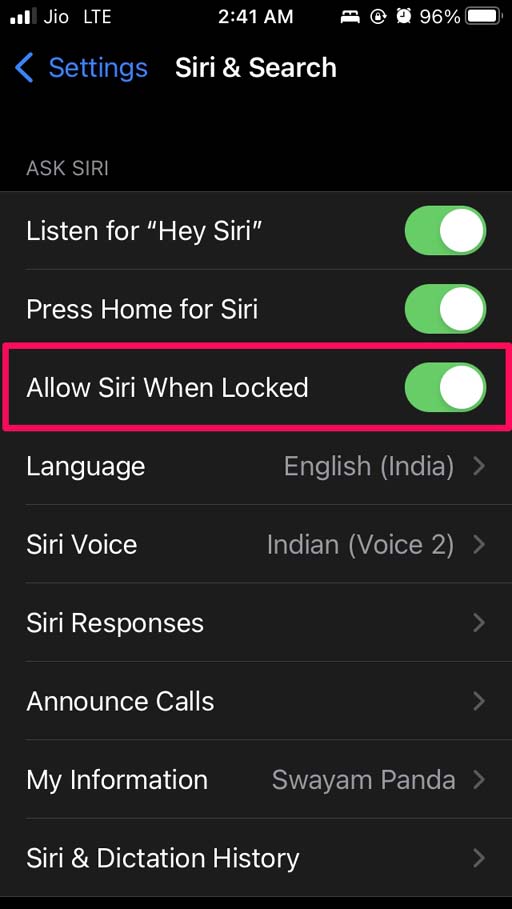 Разрешить Siri при блокировке
