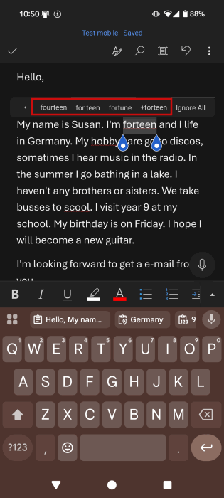 Просмотр предложений для орфографической ошибки в Word на Android. 