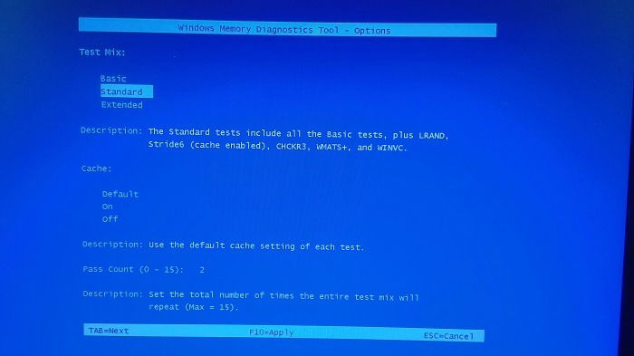 Выбор типа проверки памяти в Memory Diagnostic.