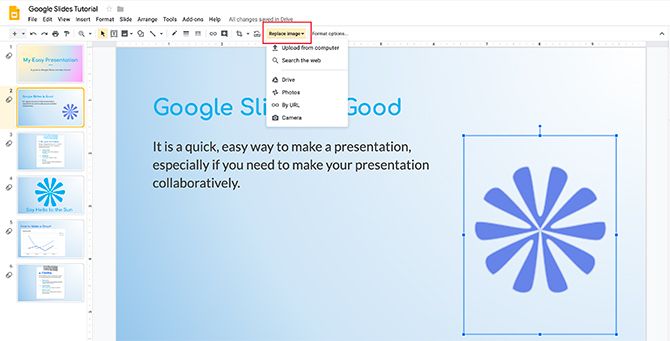 Опция заменить изображение (Replace Image) в Google Slides