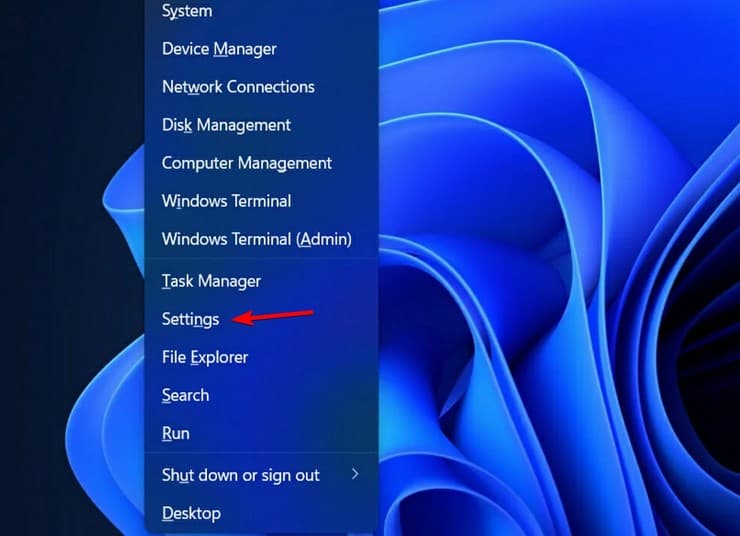 Контекстное меню кнопки Пуск с пунктом Параметры