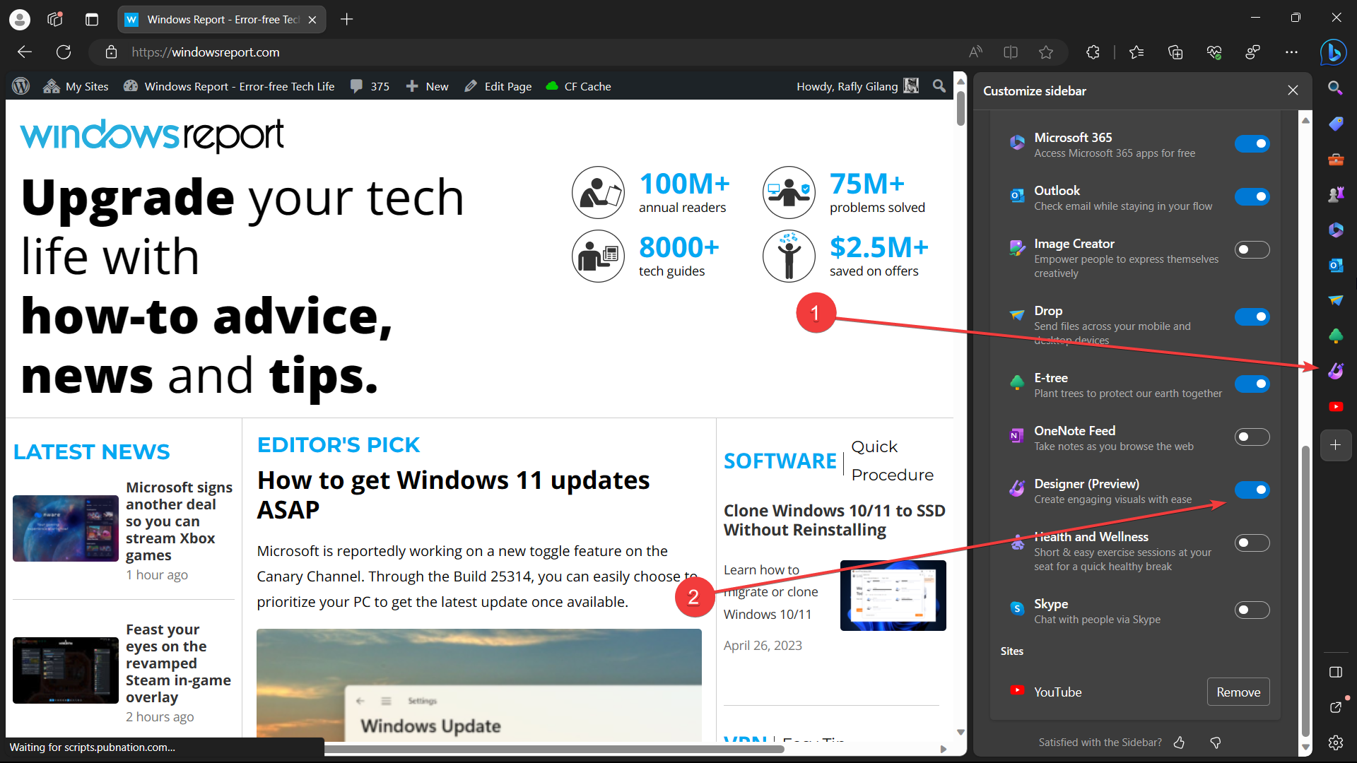 Включение Designer (Preview) в боковой панели Edge: переключатель активации