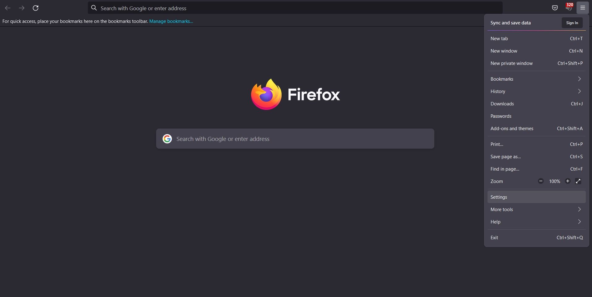 Меню Firefox с кнопкой настроек