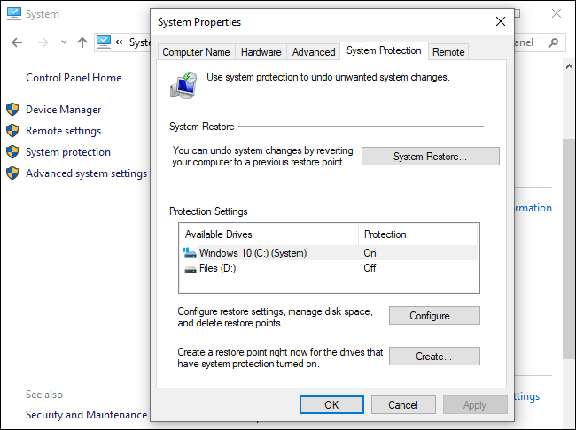 System Restore options on Windows 10.