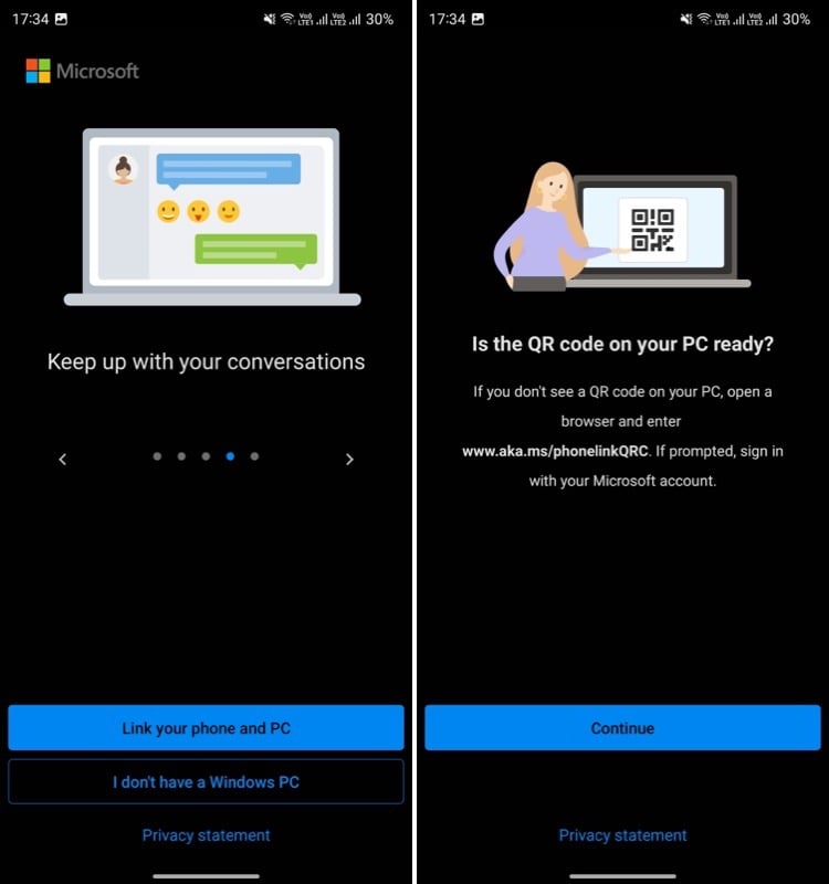 Выбор опции привязки телефона и ПК в приложении Link to Windows