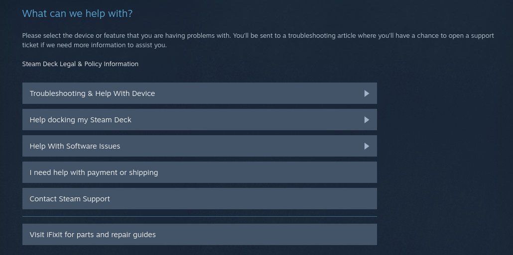 Варианты на странице поддержки Steam Deck