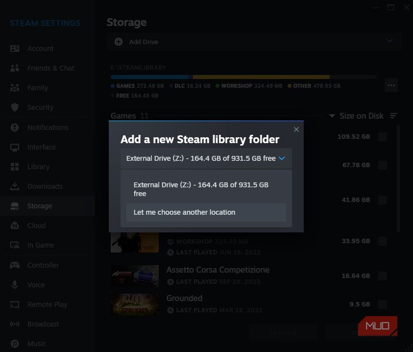 Диалог выбора новой папки библиотеки Steam в Проводнике