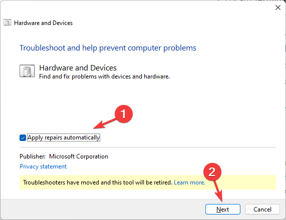 Параметр автоматического применения исправлений в средстве устранения неполадок