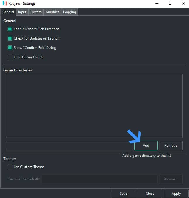 Выбор папки с игрой для Ryujinx