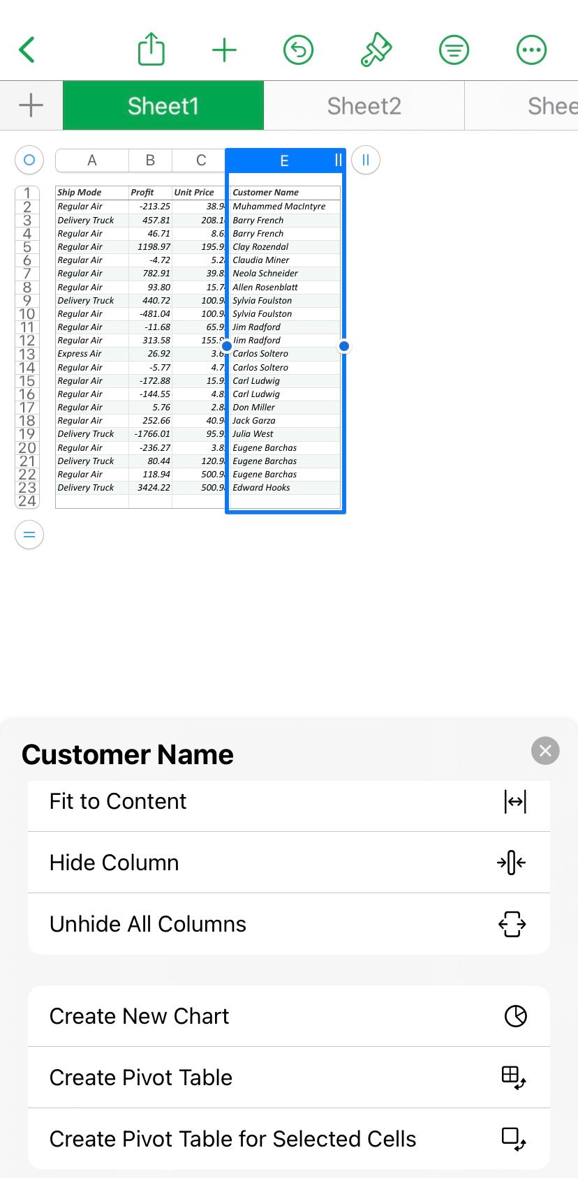 Кнопка для отображения всех скрытых столбцов в Numbers на iPad