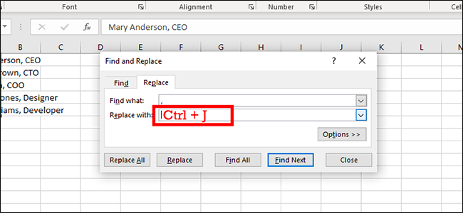 Вставка перевода строки через Ctrl+J в поле Заменить на
