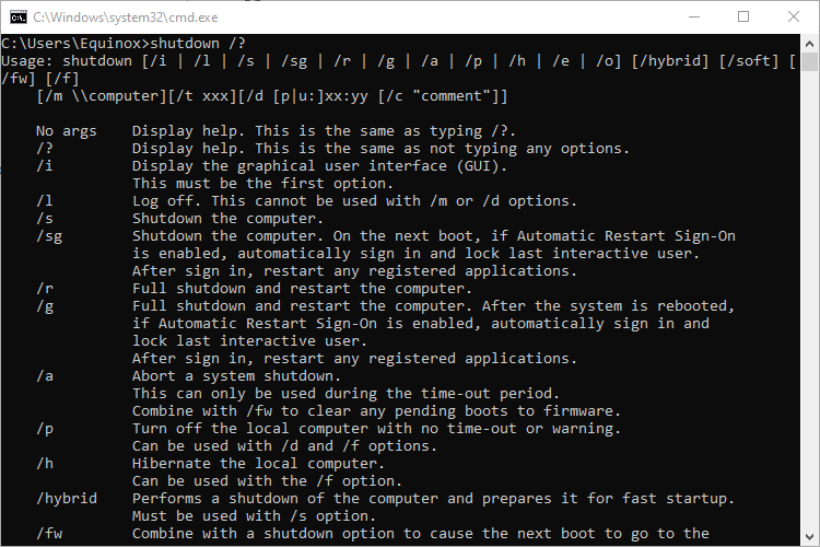 Список аргументов команды shutdown, отображаемый в CMD