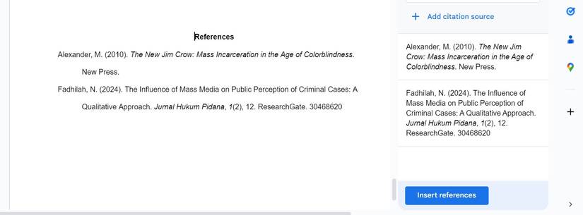Сгенерированная страница References в документе Google Docs.