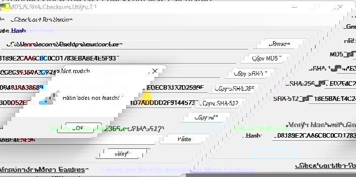 Сообщение о несовпадении хеша в MD5 & SHA Checksum Utility.