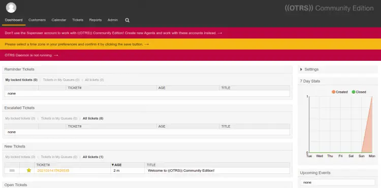 Дашборд OTRS после входа