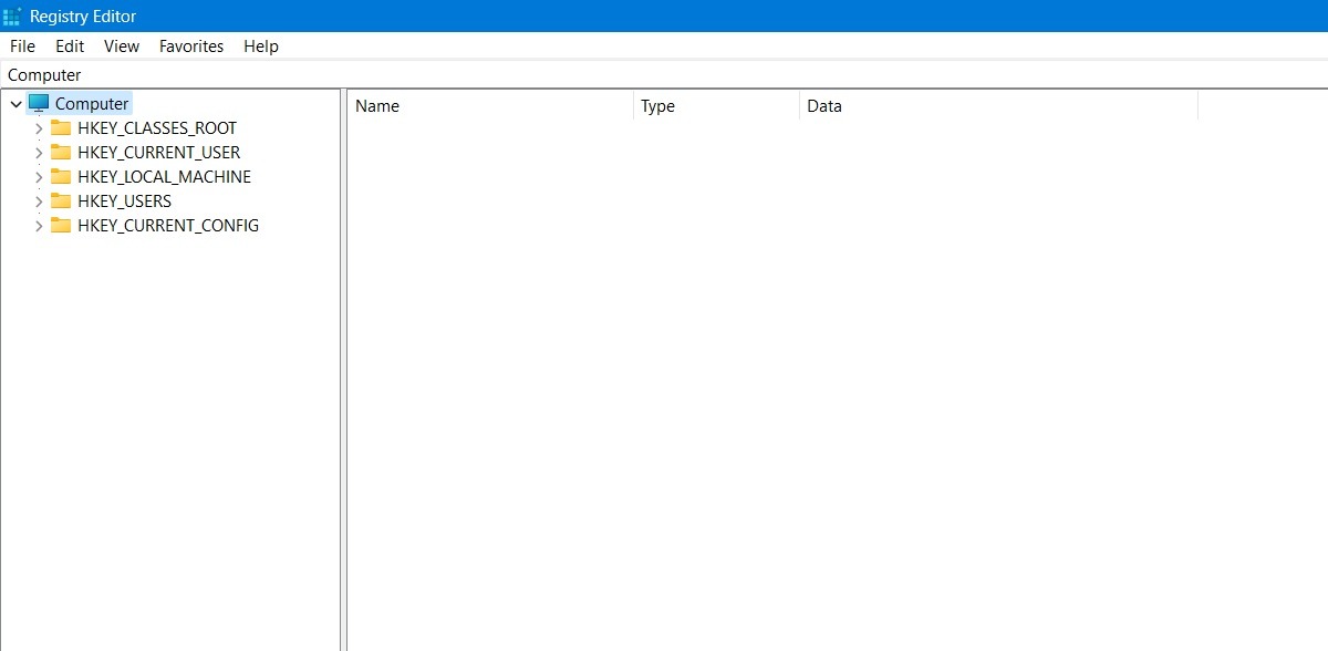 レジストリエディターで左上の Computer（コンピューター）キーを選択している画面