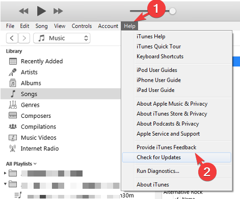 Проверка обновлений iTunes в меню Help