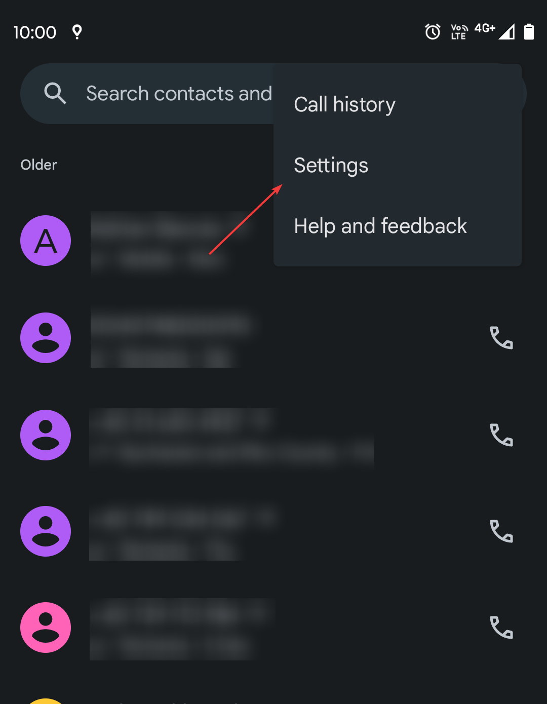 Скриншот: меню настроек приложения Звонки на Android