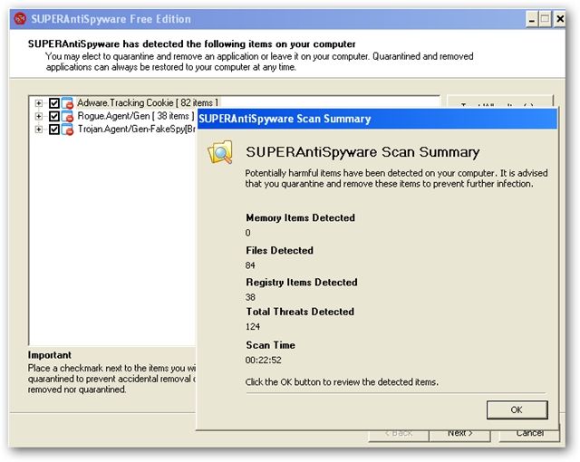 Процесс обнаружения и вывод результатов в SuperAntiSpyware