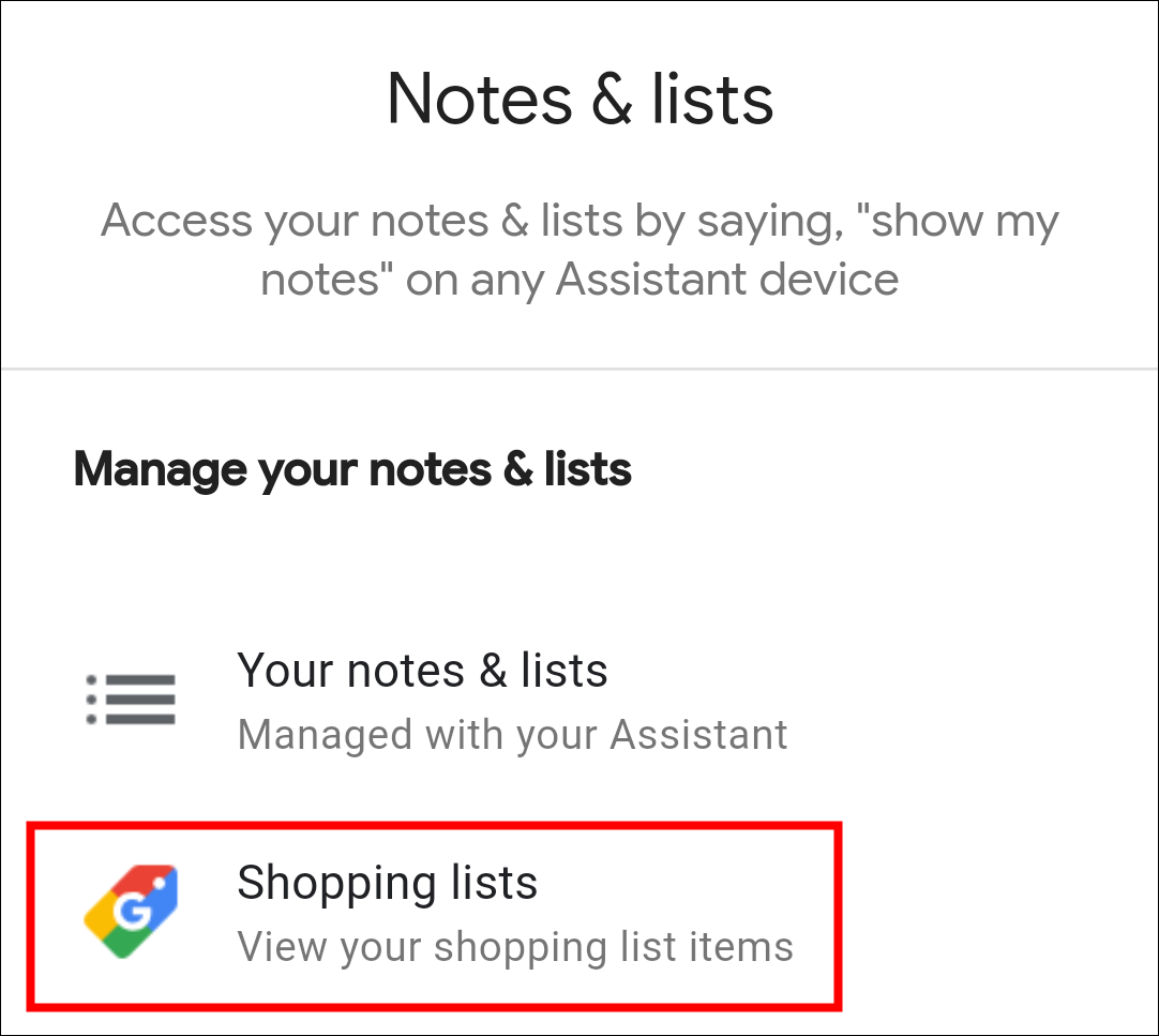 Google Assistant shopping list