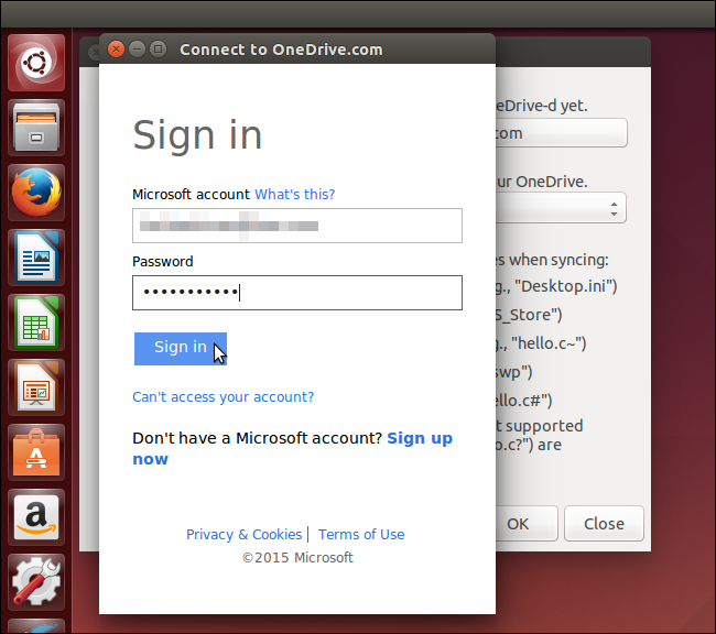 Окно ввода учётных данных Microsoft для подключения OneDrive