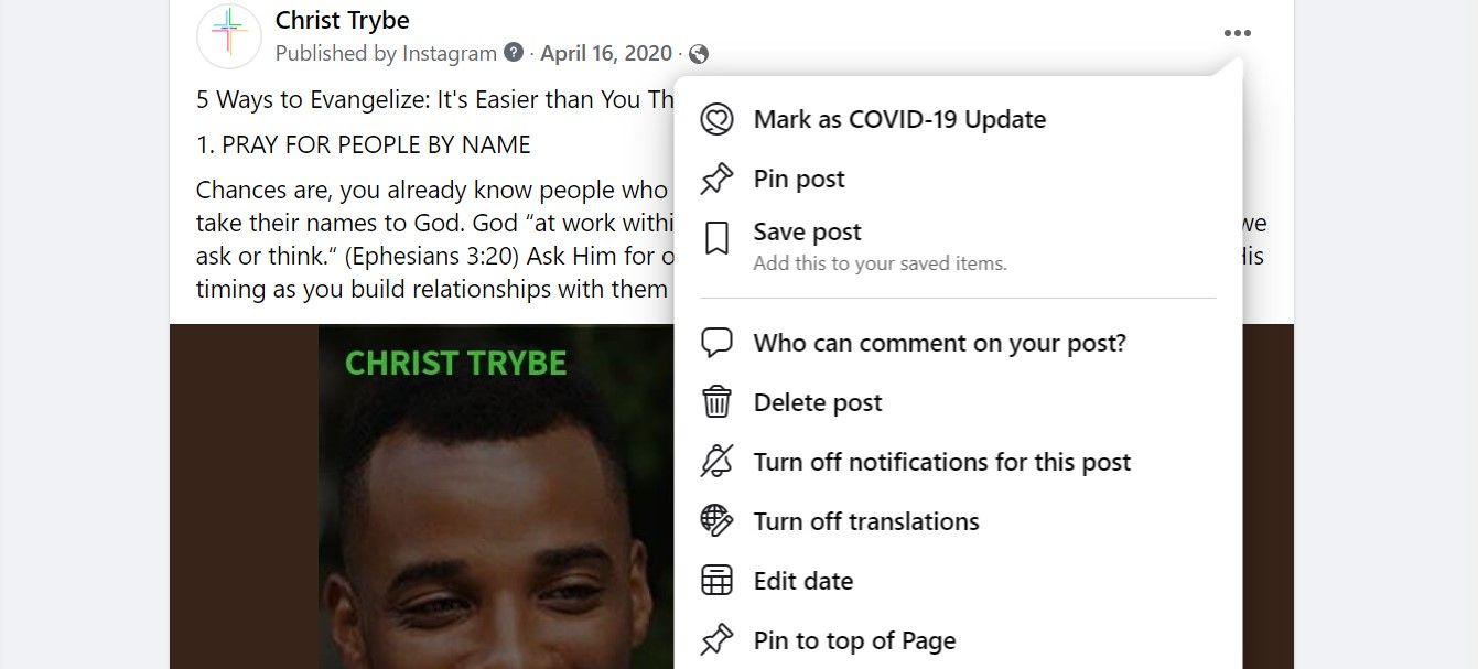 Скриншот меню управления постами
