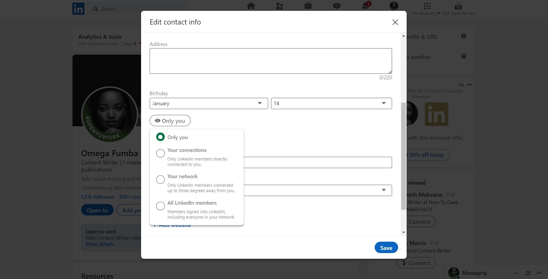 Настройки видимости дня рождения в LinkedIn