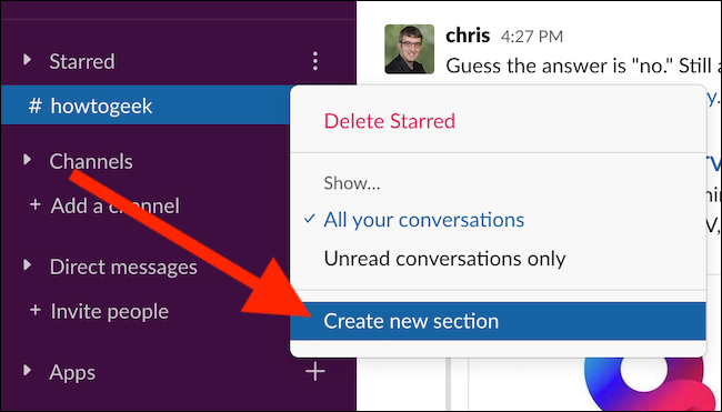 Выберите кнопку «Create New Section» в меню