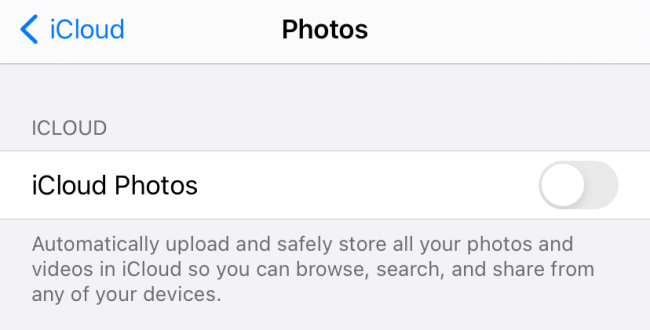 Экран iPhone с показом выключенной опции iCloud Фото.