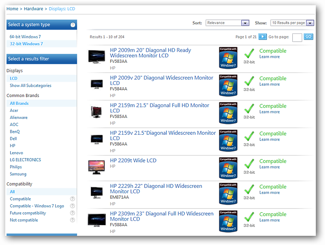 Результаты поиска ЖК‑мониторов в Центре совместимости Windows 7