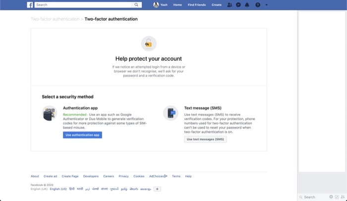 Выбор приложения аутентификации в веб‑версии Facebook
