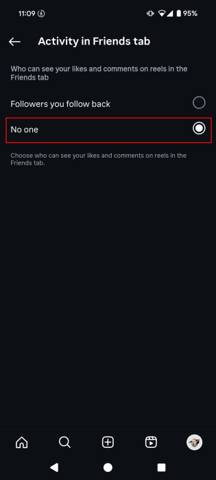 Cambiar Actividad en la pestaña Amigos a Nadie en la app de Instagram