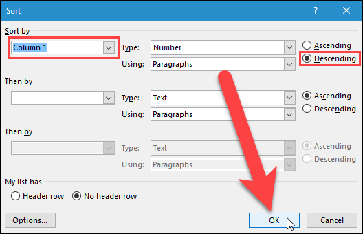 Диалог сортировки с параметром Column 1 и Descending
