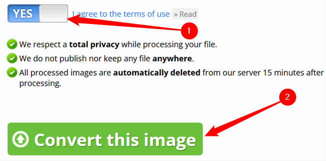 Переключатель подтверждения условий и кнопка «Convert This Image».