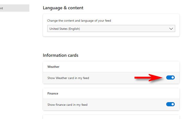 Переключатель рядом с опцией Weather в списке настроек