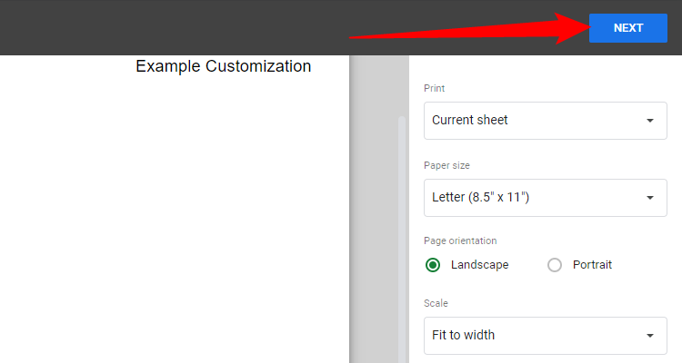 Нажмите 'Далее' в правом верхнем углу, чтобы перейти к параметрам принтера.