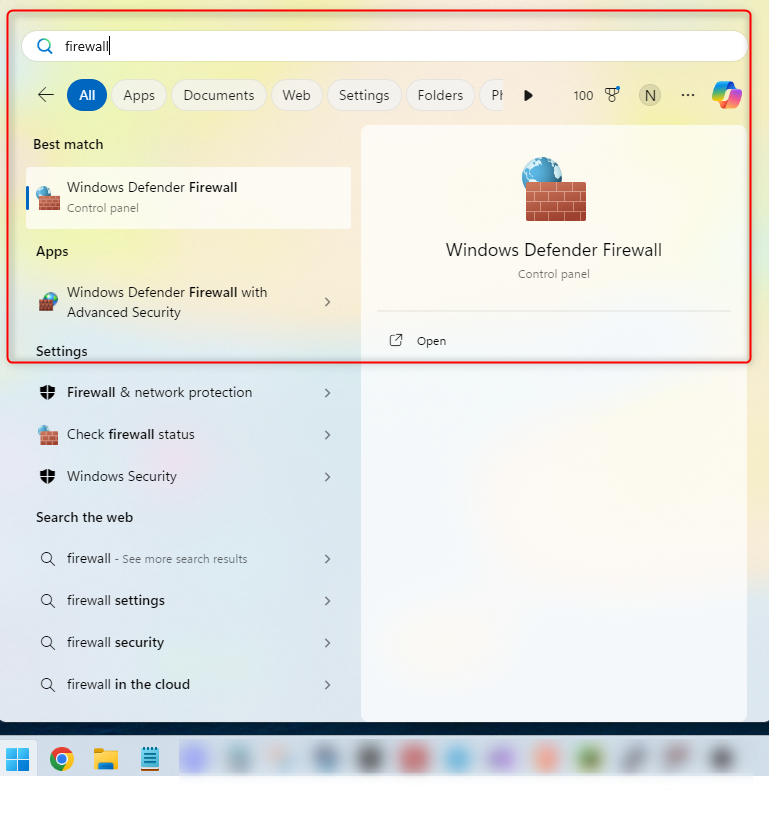 Поиск брандмауэра в меню Пуск Windows.