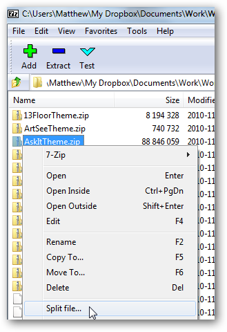 Изображение: окно разбиения файла в 7-Zip