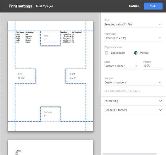 В предпросмотре отображаются только выбранные ячейки.