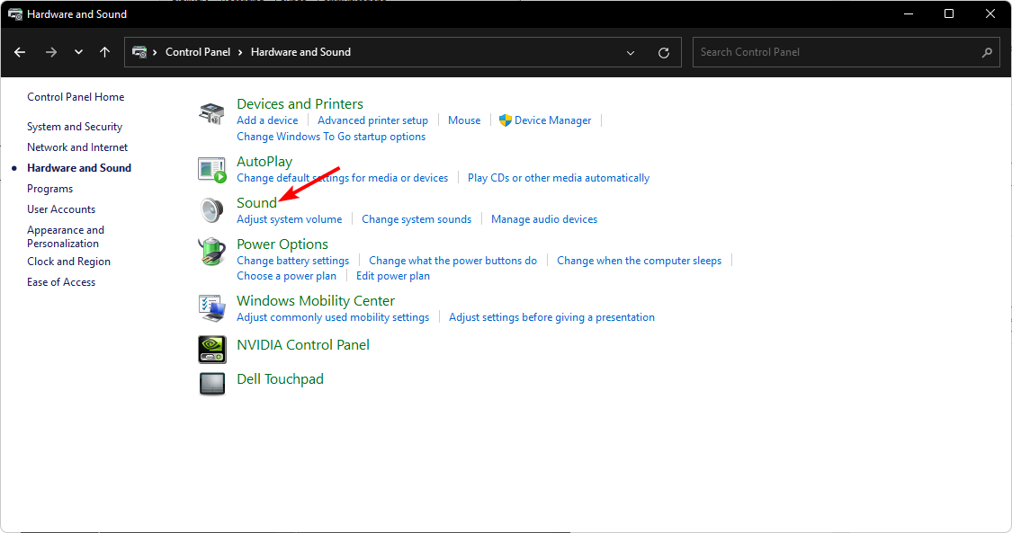 Ссылка 'Звук' в Панели управления