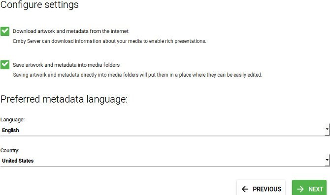 Мастер настройки Emby: параметры загрузки метаданных и обложек